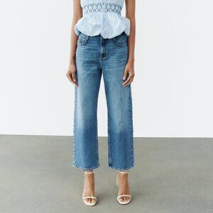 Zara High Waisted Straight Leg Stretch Jeans Ankle Length
